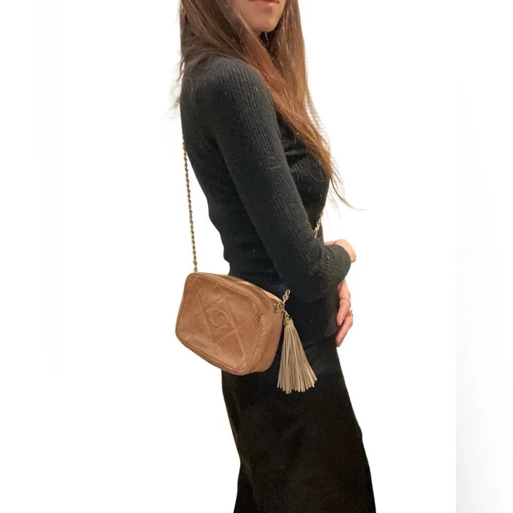 CHANEL Tan Leather Crossbody Bag with Gold Chain